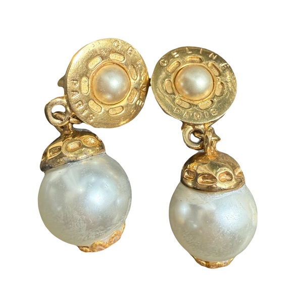 Vintage Céline Paris Statement Clip-On Earrings – Gold Tone with Pearl Drops - Picture 1 of 7